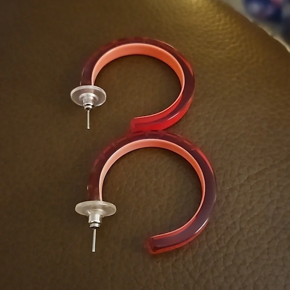 Vtg Red Rhinestone Acrylic Hoop Earrings